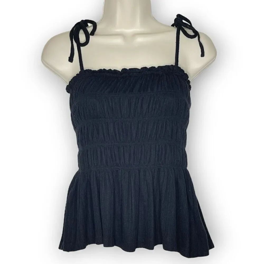Cotton On Black Square Neck Tie Strap Smocked Mini Cami Tank Top Women’s Small